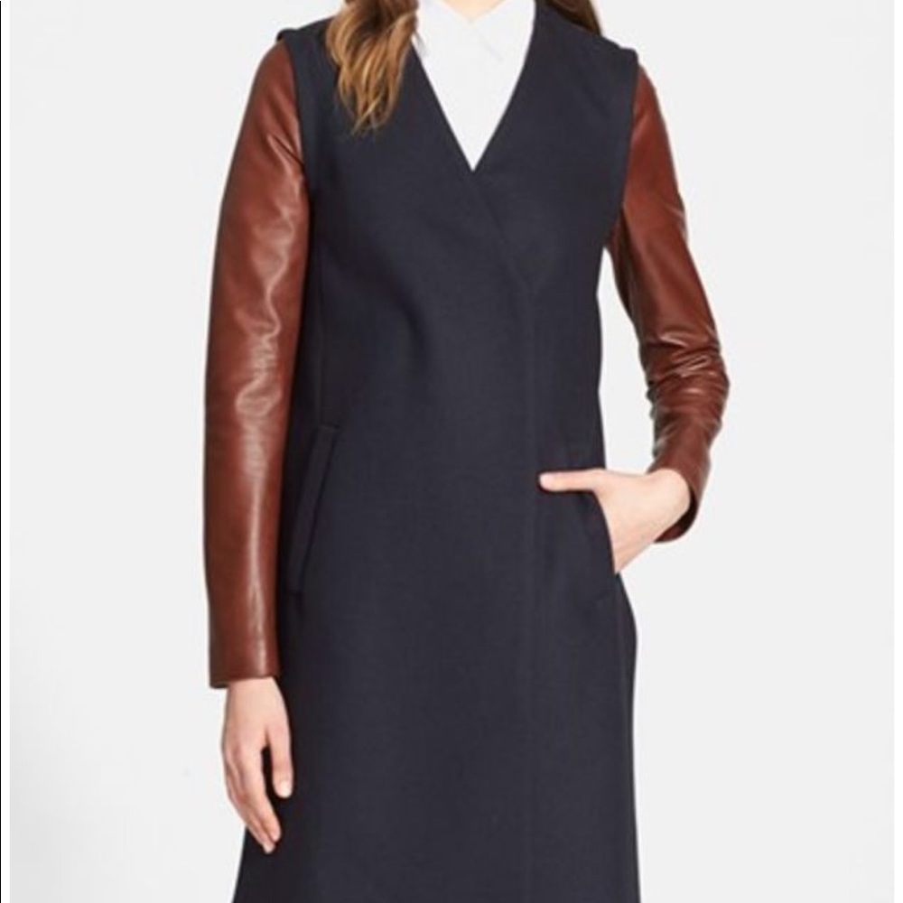 Theory 'Quennel' Wool Blend Coat w Leather Sleeves